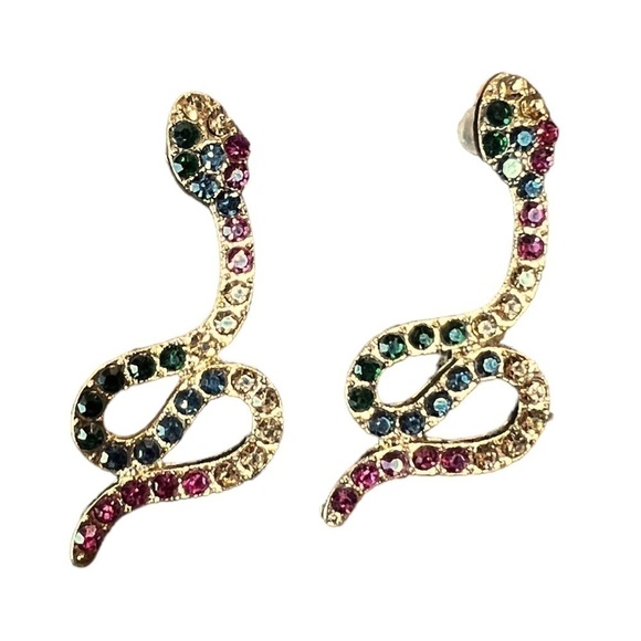 GOLD Rhinestone Crystal Snake Post Earrings - Picture 1 of 8